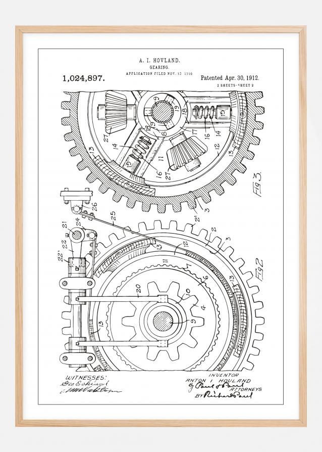 Patenttegning - Gear - Hvid Plakat