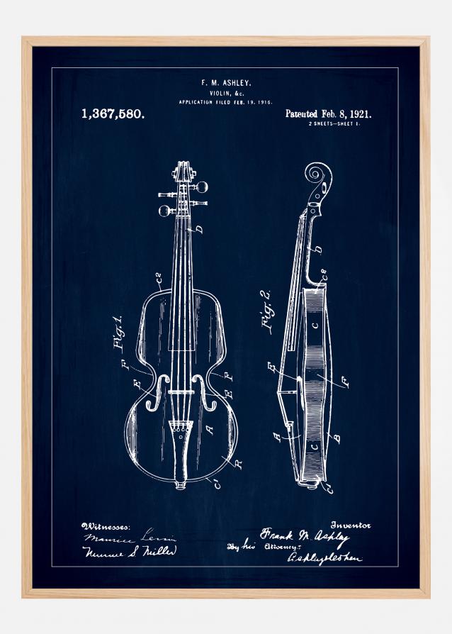 Patenttegning - Violin - Blå Plakat