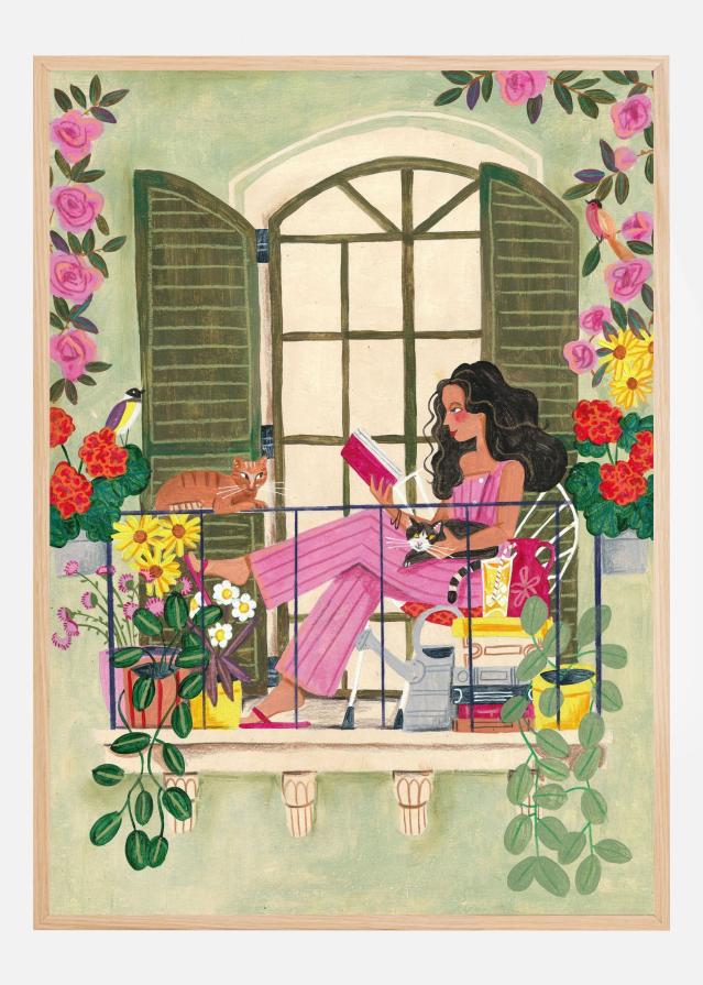 Woman reads on balcony Plakat