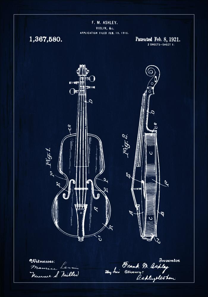 Patenttegning - Violin - Blå Plakat