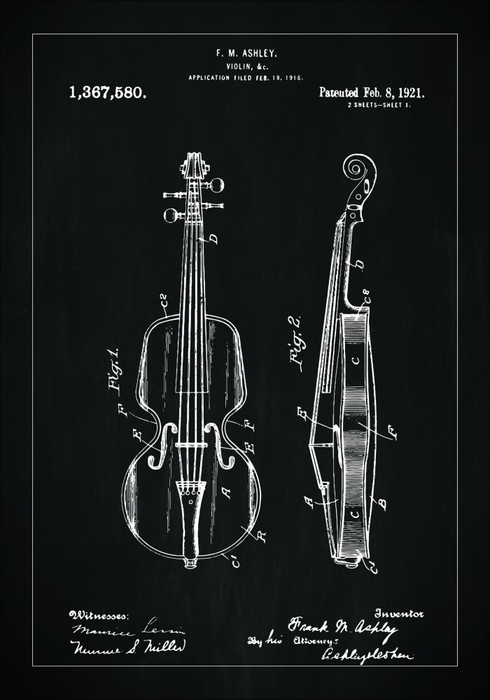 Patenttegning - Violin - Sort Plakat