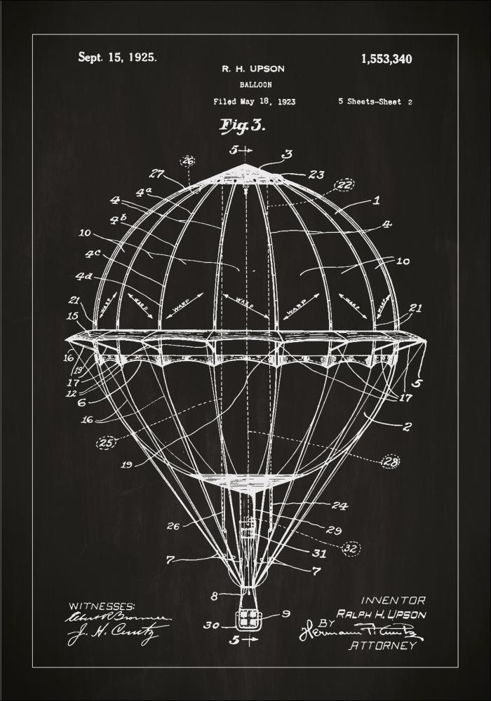 Patenttegning - Luftballon - Sort Plakat