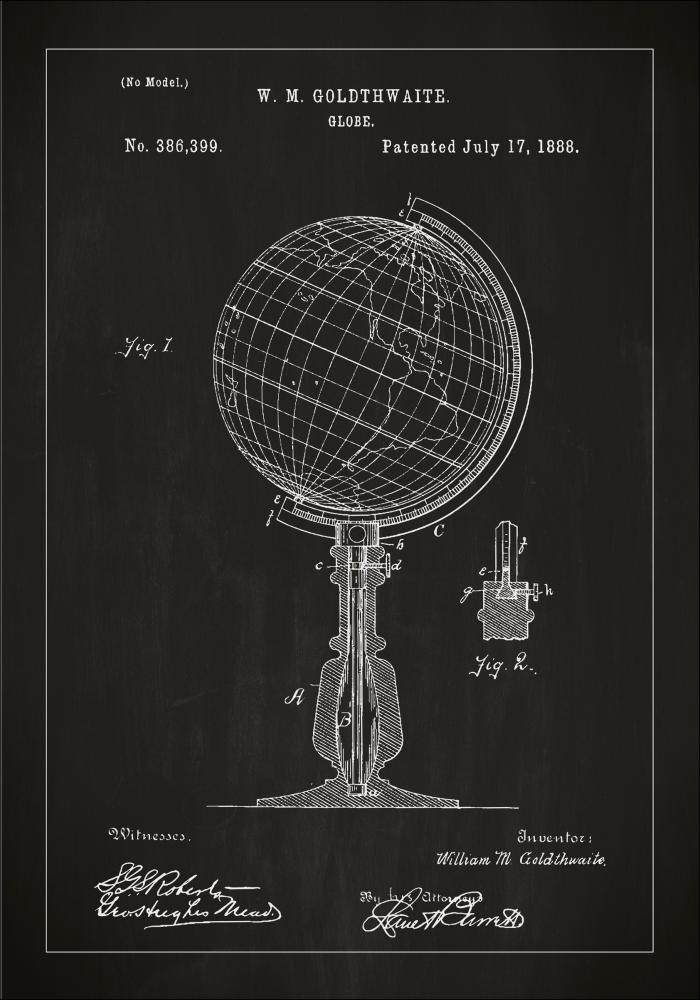 Patenttegning - Jordglobe - Sort Plakat