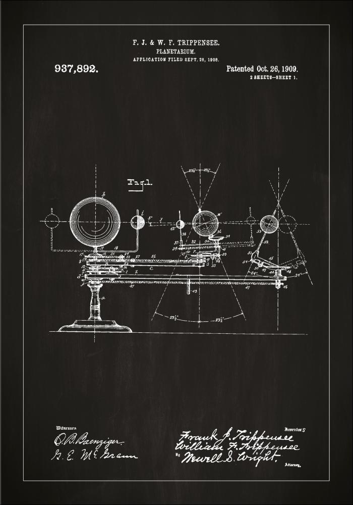 Patenttegning - Planetarium - Sort Plakat