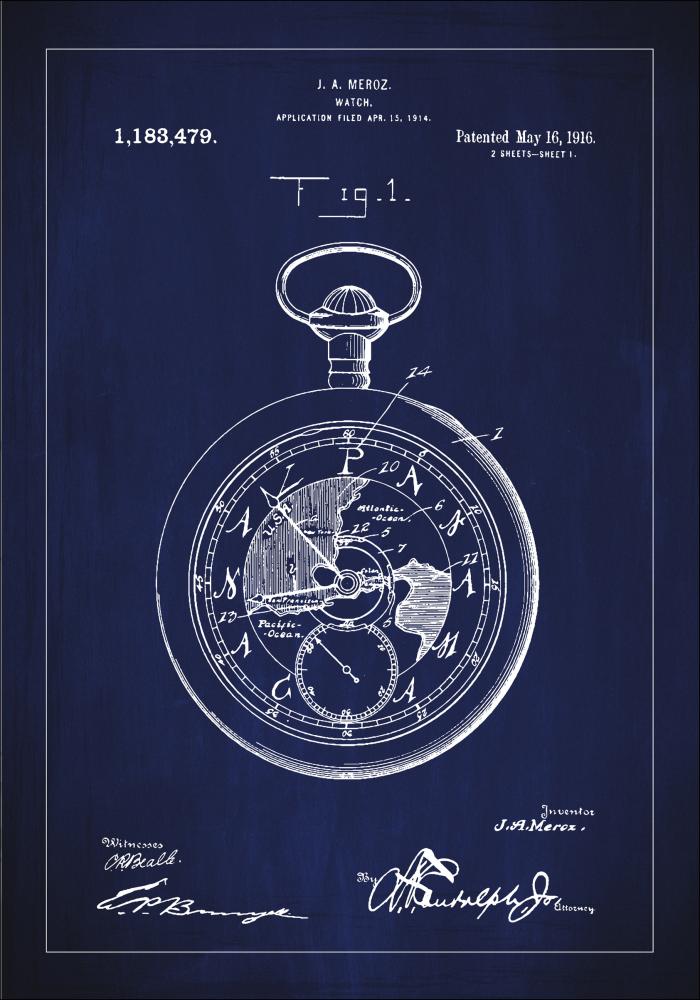 Patenttegning - Lommeur - Blå Plakat