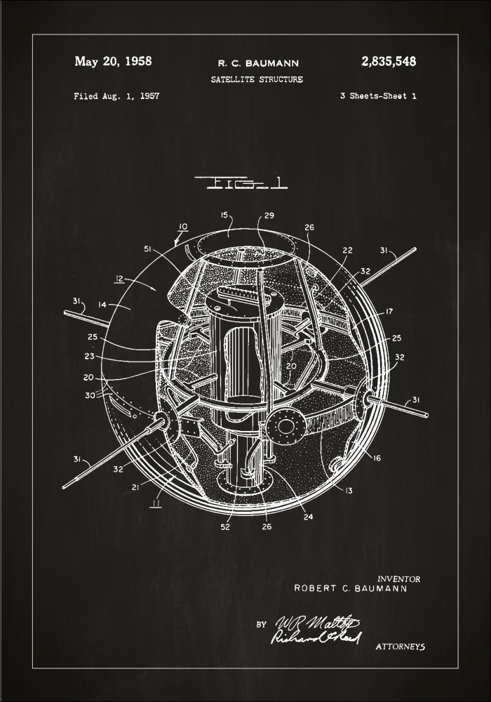 Patenttegning - Satellit - Sort Plakat