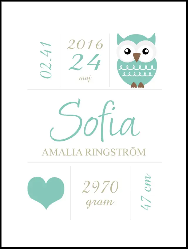 Owl Birth Poster Turquoise