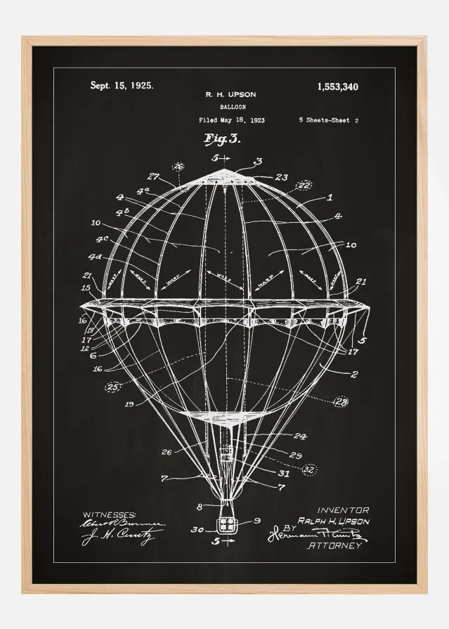 Patenttegning - Luftballon - Sort Plakat