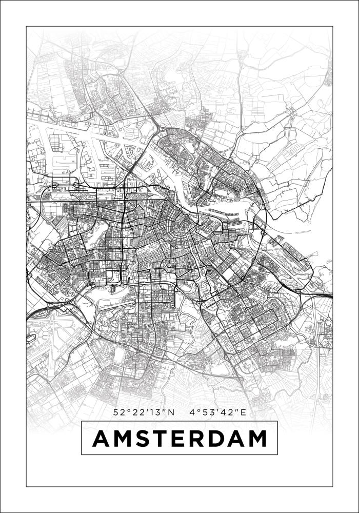 Kort - Amsterdam - Hvid Plakat