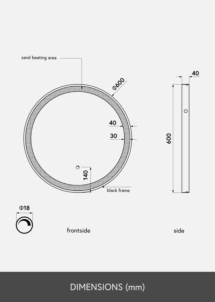 KAILA Spejl Sort LED 60 cm Ø