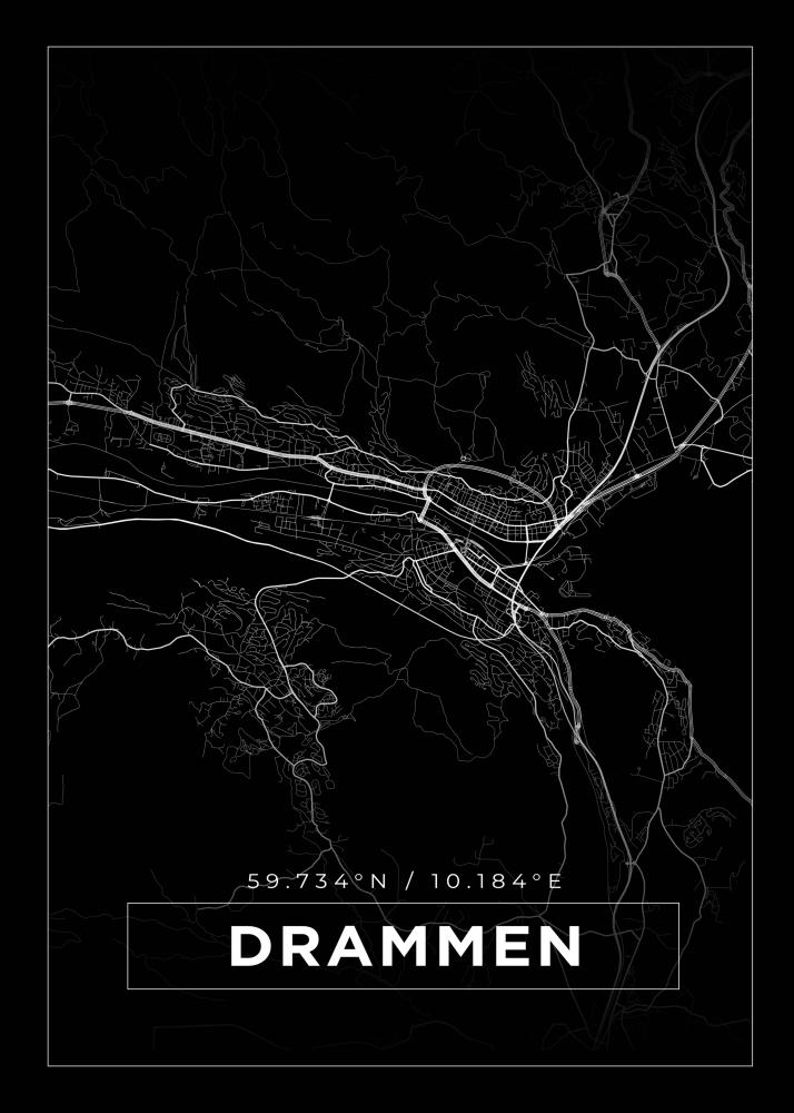 Kort - Drammen - Sort Plakat