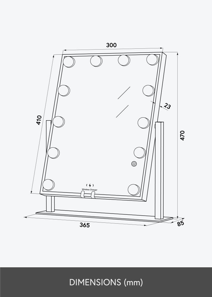 KAILA Makeupspejl Hollywood 12 med Trådløs Oplader Sort 30x41 cm